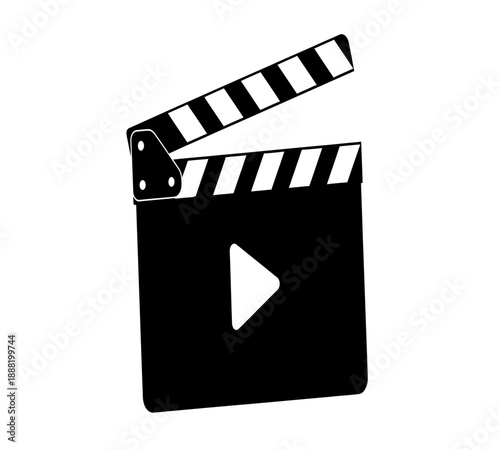 A black and white illustration of a classic film clapperboard with a play button