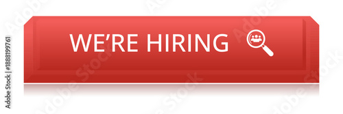 Modern CTA button, "We're Hiring" text, 3D effect, web UI element for landing pages, mobile apps or banners, for HR presentations.