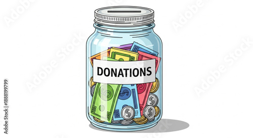 Glass jar filled with money for donations.
