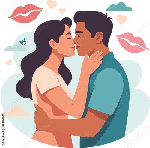 A couple shares a tender moment embracing and kissing with hearts and clouds surrounding them