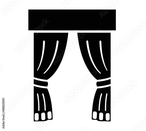 Simple black and white illustration depicting a stage curtain with ornate tassels