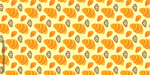 Warm and inviting seamless pattern of golden croissants and dark chocolate pastries, ideal for food-related designs, textiles, and packaging