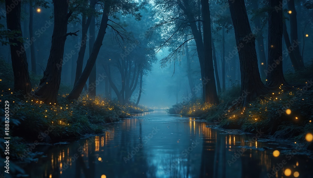 Obraz premium Mystical forest river at night with glowing fireflies on shore. Dark trees line calm water reflecting faint light under starry sky. Ethereal, tranquil, magical atmosphere.