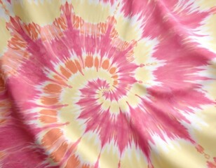 Swirling tie dye pattern in pink yellow and orange colors. Fabric texture with bright spiral design. Abstract background with concentric shapes. Colorful textile art.