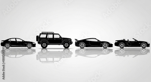 Four different black cars lined up on a white background.