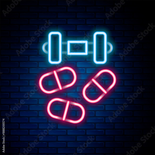 Glowing neon line Sports doping, anabolic drugs with dumbbell icon isolated on brick wall background. Anabolic steroids tablet. Pills in jar. Colorful outline concept. Vector