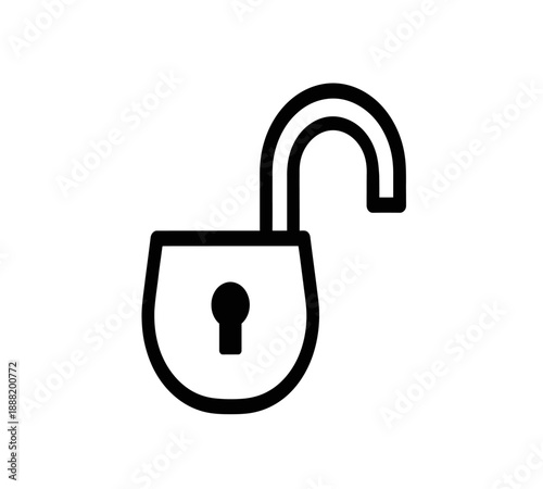 A simple black and white illustration depicting an open padlock symbolizing security and access