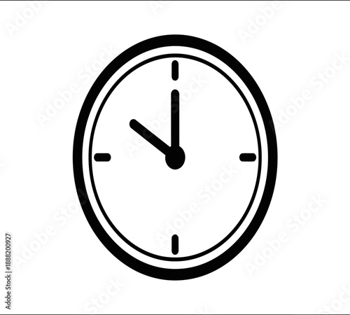 A simple black and white illustration of a round wall clock displaying a specific time