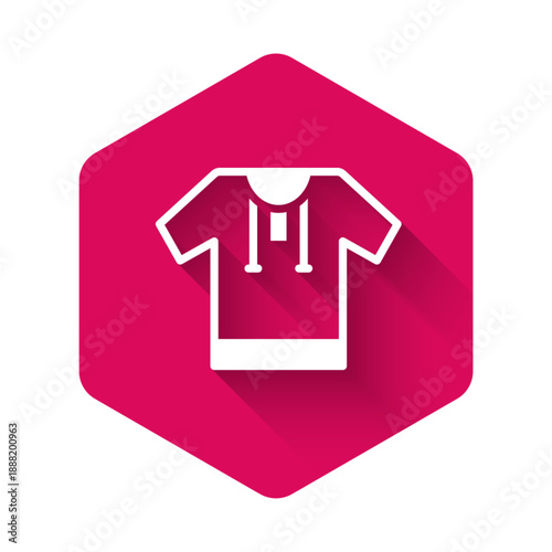 White Embroidered shirt icon isolated with long shadow. National ukrainian clothing. Pink hexagon button. Vector