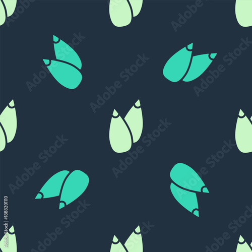 Green and beige Seeds of a specific plant icon isolated seamless pattern on blue background. Vector