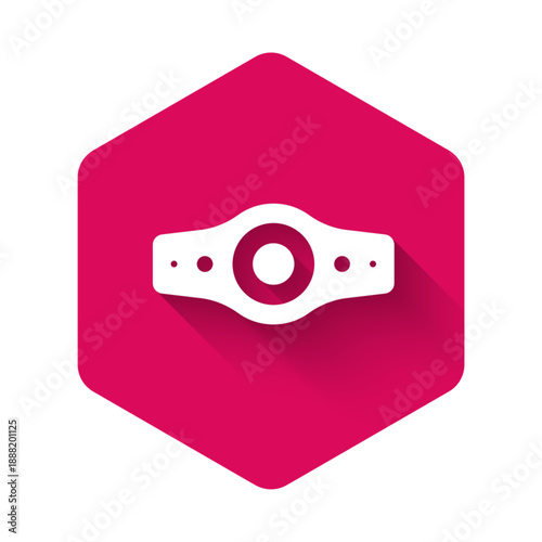 White Wrestling championship belt icon isolated with long shadow background. Pink hexagon button. Vector