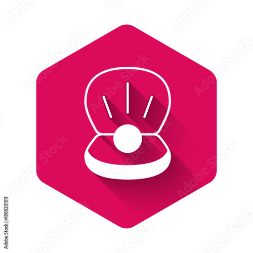 White Natural open shell with pearl icon isolated with long shadow background. Scallop sea shell. Seashell sign. Pink hexagon button. Vector