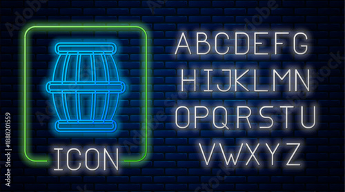 Glowing neon Gun powder barrel icon isolated on brick wall background. TNT dynamite wooden old barrel. Neon light alphabet. Vector