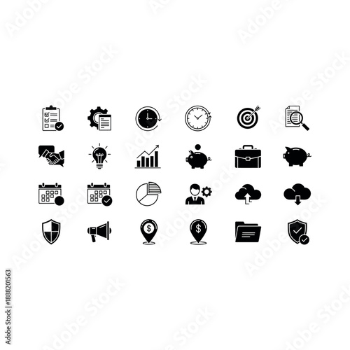 Business icons illustrate various finance and office concepts on a white background