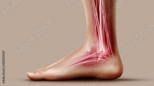 Shin Splints, minimalist vector of a lower leg with pain lines radiating along the shin bone, on a beige background