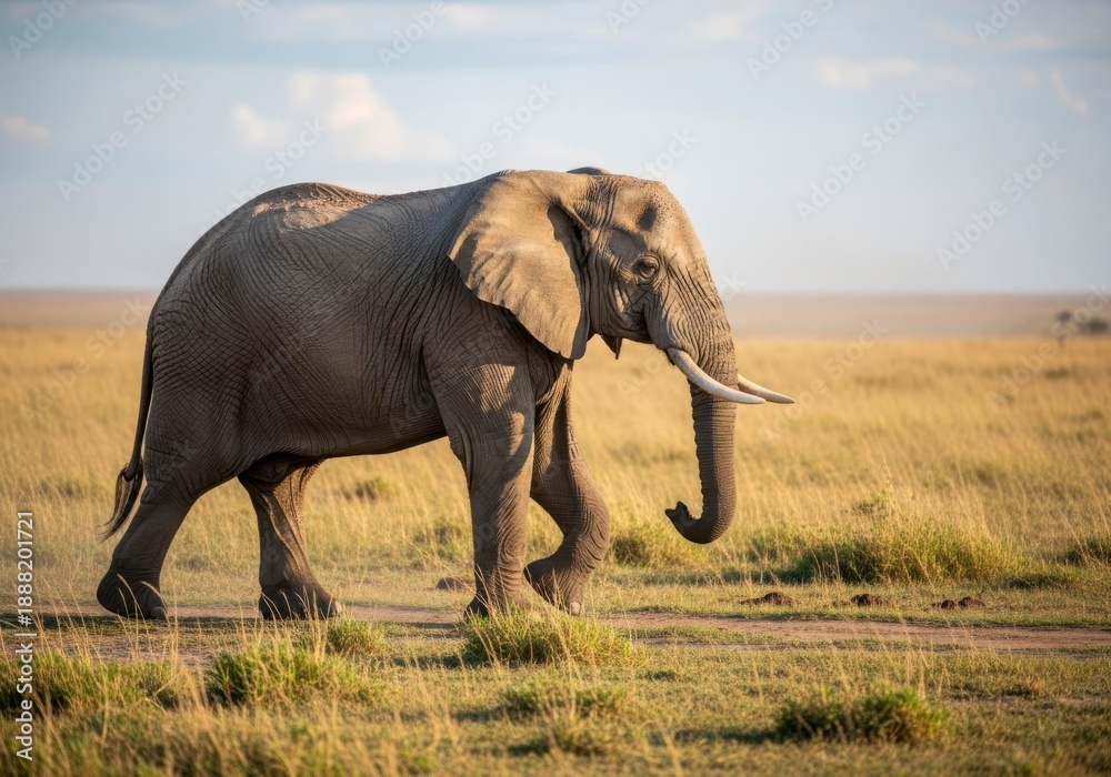 Fototapeta premium An adult african elephant walks across a grassy savanna in kenya during a safari, with a blurred background of the african landscape