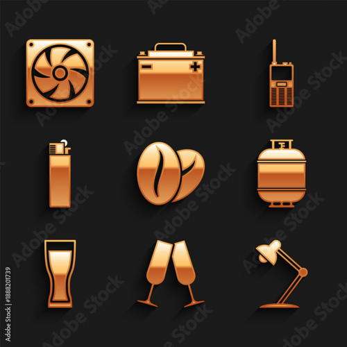 Set Coffee beans, Glasses champagne, Table lamp, Propane gas tank, beer and Lighter icon. Vector