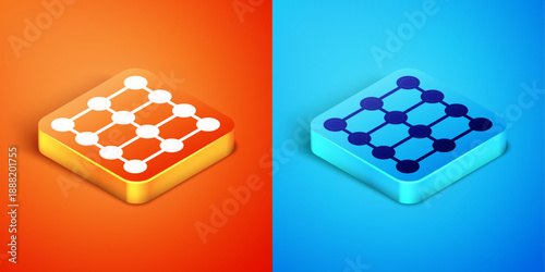 Isometric Neural network icon isolated on orange and blue background. Artificial intelligence AI. Vector