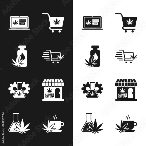 Set Shopping cart with marijuana, Marijuana or cannabis leaf oil, Online buying, Test tube, and store, Cup tea and icon. Vector
