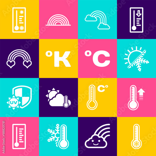 Set Meteorology thermometer, Sun and snowflake, Rainbow with clouds, Kelvin, heart, and Celsius icon. Vector