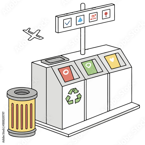 Illustration of a modern airport terminal waste and recycling station with clear signage for different waste streams