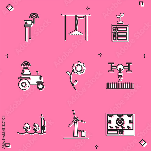 Set Router and wi-fi signal, Automatic irrigation sprinklers, Smart farming technology, Wireless tractor smart, Flower, with drone, Standalone sensor plant and Wind turbine icon. Vector