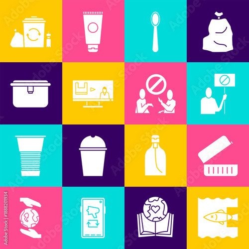 Set Stop ocean plastic pollution, Lunch box, Nature saving protest, Disposable spoon, Recycle bin with recycle and icon. Vector