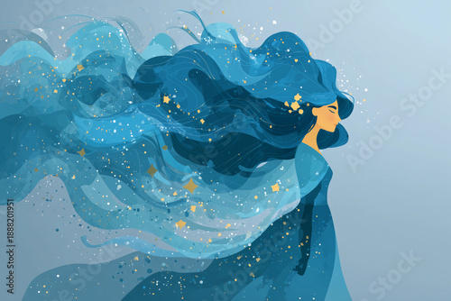 Flow of independence in the water bearer symbolizing Aquarius with graceful hair movement and starry elements