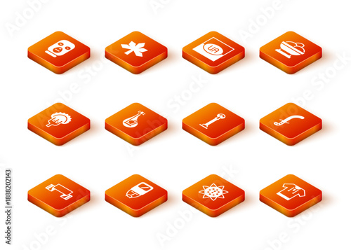 Set Embroidered towel, Ukrainian cossack, Dumplings on fork, Bandura, Sunflower, Monument of Independence, shirt and Medieval sword icon. Vector