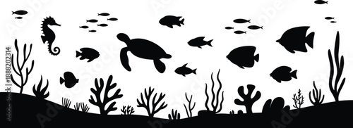 Underwater sea life silhouette scene, ocean animals and coral reef collection, marine wildlife vector illustration, black shapes, isolated on white background