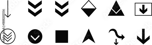 Set of downward arrow icons in diverse styles, vector symbols for navigation, downloads, user interface, web design, and digital graphics