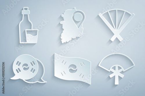 Set South Korea flag, Traditional fan, map and Soju bottle icon. Vector