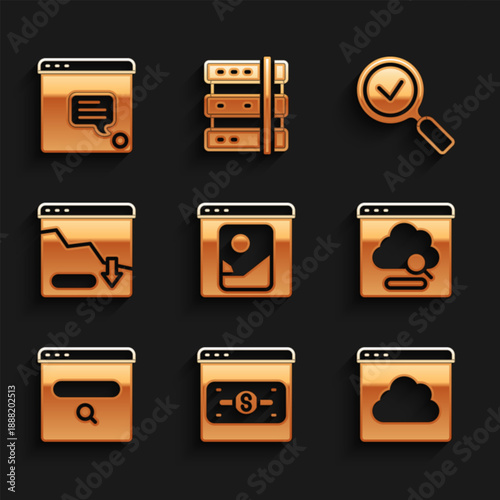 Set Photo retouching, Cloud technology data transfer, Search engine, Financial growth decrease, Magnifying glass with check mark and New chat messages notification icon. Vector