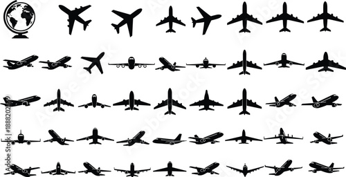 Black airplane silhouette icon set featuring commercial aircraft in multiple views with globe symbol for aviation, travel, airline, and transportation design projects