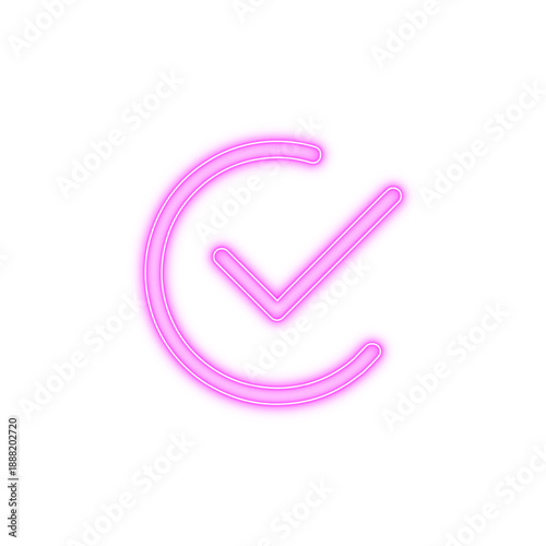 Vibrant neon pink checkmark icon in a circle, glowing symbol for success, approval, and completion on a crisp white background.