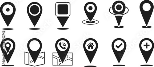 Black location pin and map marker icon set featuring navigation, GPS, contact, home, and check symbols for maps, apps, and user interface design