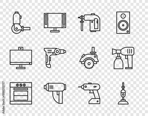 Set line Oven, Vacuum cleaner, Rotary hammer drill machine, Electric industrial dryer, Angle grinder, cordless screwdriver and Paint spray gun icon. Vector
