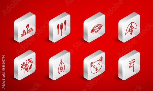 Set line Flower producing pollen, Wheat, Reddish eye allergic conjunctivitis, Bee, Pet, Mold, Kidney beans and Bacteria icon. Vector