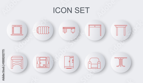 Set line Round table, Chair, Office desk, Armchair, Makeup mirror with lights, Heating radiator, Window curtains and Shower cabin icon. Vector