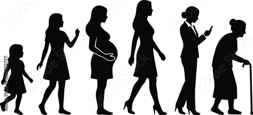 Woman life cycle silhouettes from childhood to old age, female aging stages timeline, pregnancy motherhood career concept isolated black vector illustration