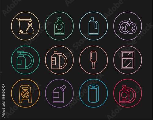 Set line Dishwashing liquid bottle and plate, Cleaning service for windows, Fabric softener, Trash can garbage bag, Adhesive roller and Hand sanitizer icon. Vector