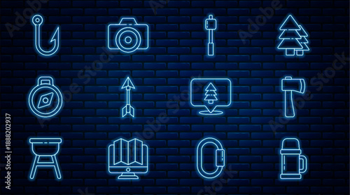 Set line Thermos container, Wooden axe, Marshmallow stick, Hipster arrow, Compass, Fishing hook, Location of the forest and Photo camera icon. Vector