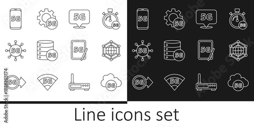 Set line Cloud 5G network, Social, Location, Server, Mobile with, Graphic tablet and Setting icon. Vector
