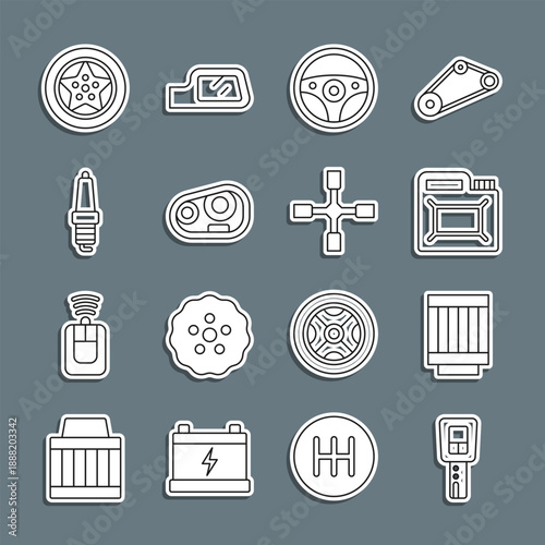 Set line Car key with remote, air filter, Canister for motor oil, Steering wheel, headlight, spark plug, and Wheel wrench icon. Vector