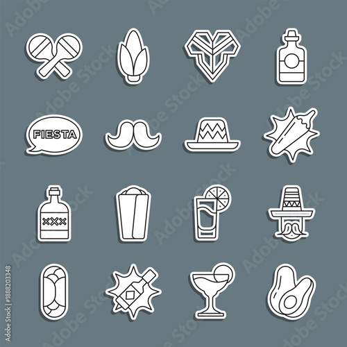 Set line Avocado fruit, Mexican man sombrero, Hot chili pepper pod, Poncho, Mustache, Fiesta, Maracas and icon. Vector
