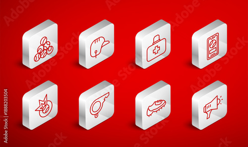 Set line Megaphone, Baseball helmet, First aid kit, Mobile with baseball, boot, Whistle and icon. Vector
