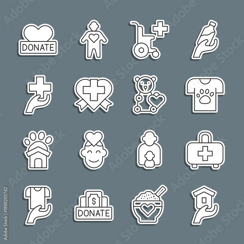 Set line Shelter for homeless, First aid kit, Animal volunteer, Wheelchair disabled person, Heart with cross, Donation and charity and Donate child toys icon. Vector
