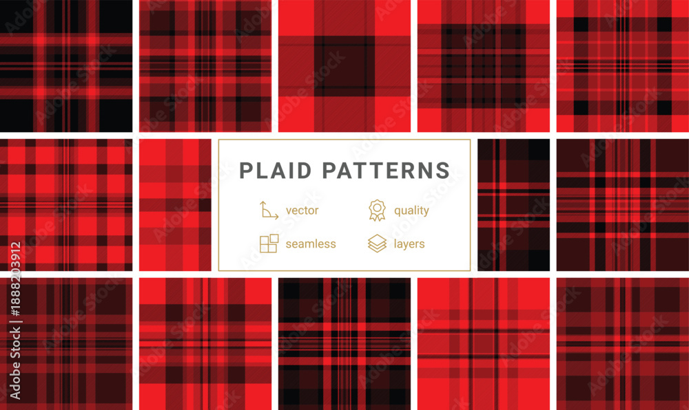 Fototapeta premium Striking red and black tartan pattern featuring a classic checkered design. Ideal for bold backgrounds, winter apparel mockups, and holidaythemed graphics with a cozy, rustic aesthetic.