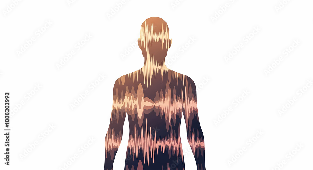 Fototapeta premium Abstract human silhouette filled with a vibrant, undulating sound wave pattern, representing inner energy and consciousness.