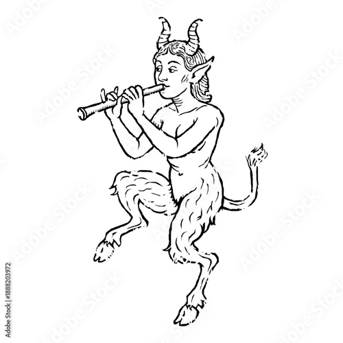 Medieval Marginalia Style Horned Demon Playing Flute in Absurd Naive Manuscript Illustration